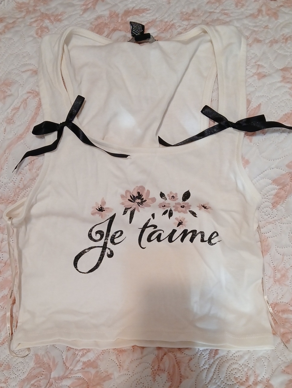 Forever 21 White Tank Top with Pink Floral Accents and Black Script